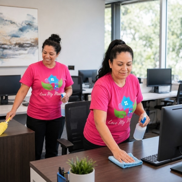 Office cleaner wiping a desk during commercial office cleaning