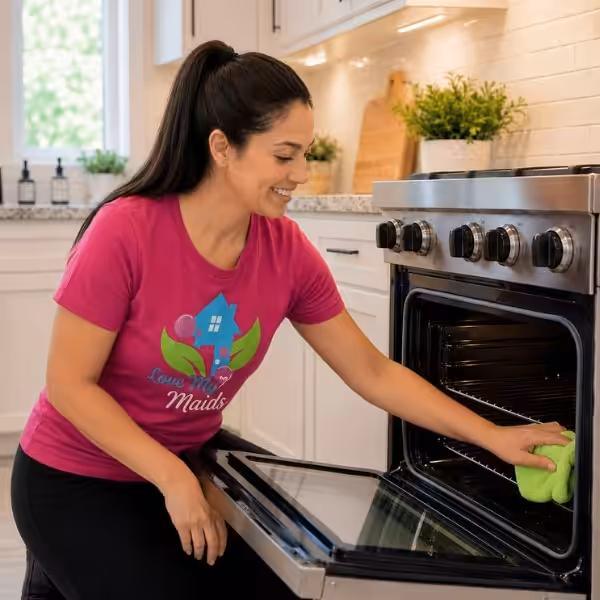 House cleaner cleaning an oven during move-in or move-out cleaning