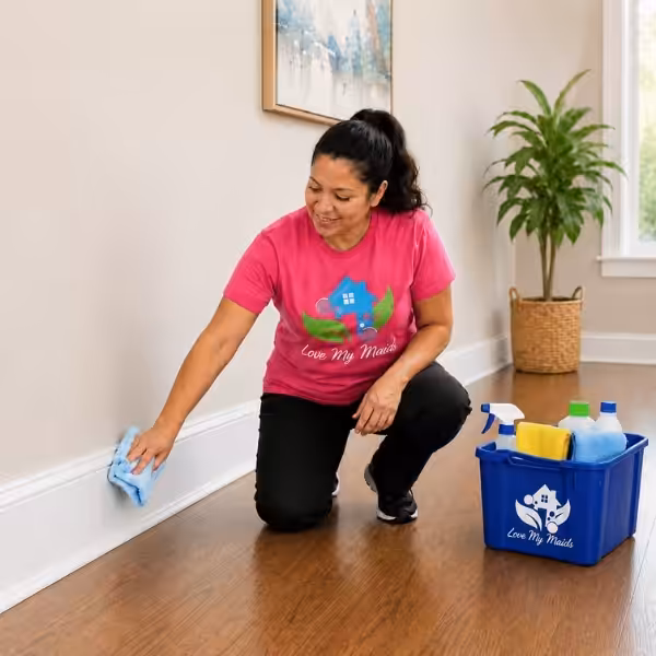 Professional house cleaner cleaning baseboards during a deep cleaning service