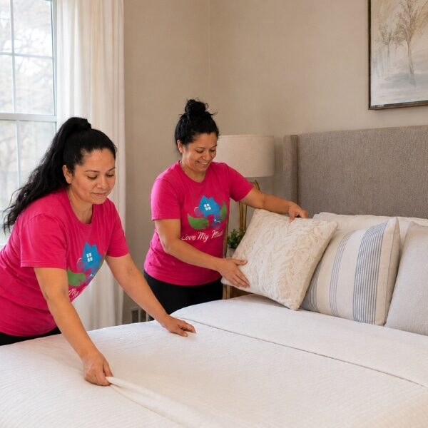 Two professional housekeepers making a bed during a recurring maid service.